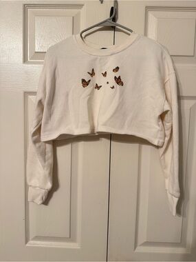 Forever 21 Cream Cropped Sweatshirt with Orange Butterfly Embroidery